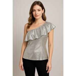 Silver One-Shoulder Ruffle Top Metallic Shimmer Party Blouse Women’s Size L